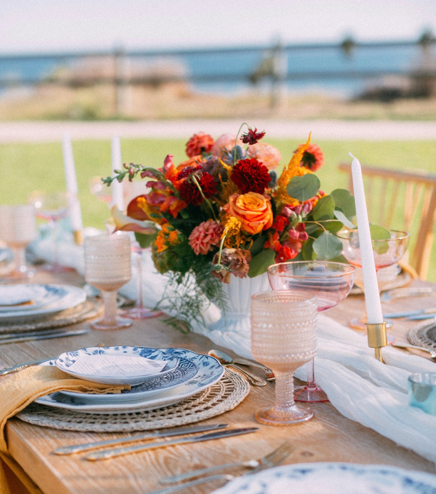 Colorful Centerpiece Flowers and table setting for Special Event in Santa Barbara