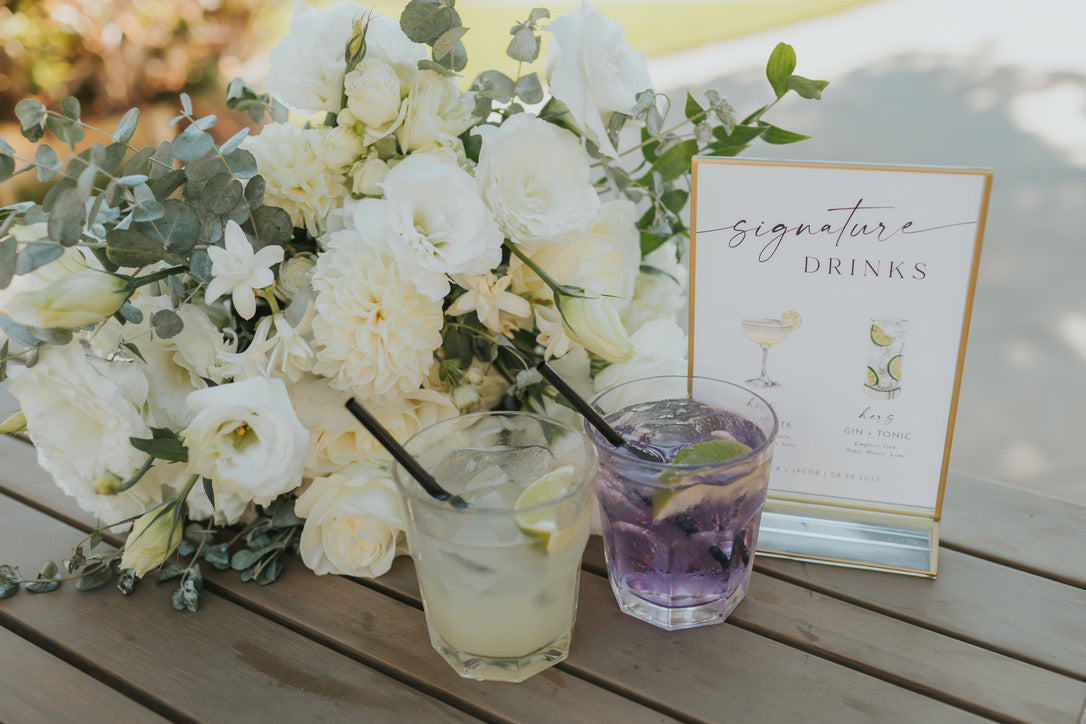 Santa Barbara Wedding Florals on signature drink table 