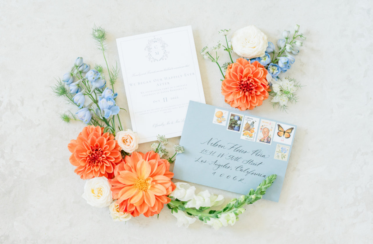 Orange and Blue Flowers for Santa Barbara Wedding Invitation